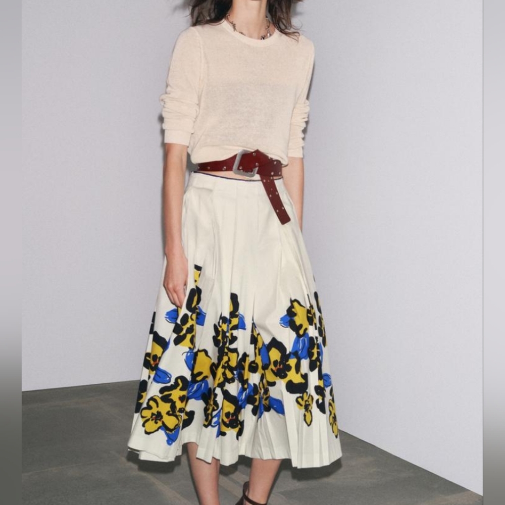Zara Printed Pleated Midi Skirt Zw Collection Ecru/floral Blue Yellow BNWT - Picture 3 of 16
